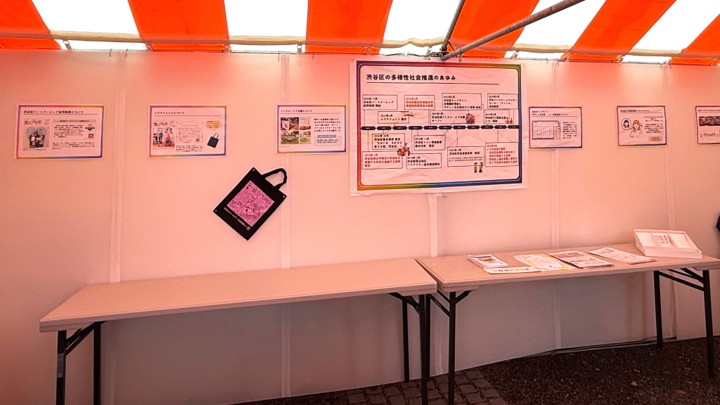 写真：区議会テント内に掲示してある多様性社会推進特別委員会の活動写真のパネルとオリジナルデザインのトートバッグの様子